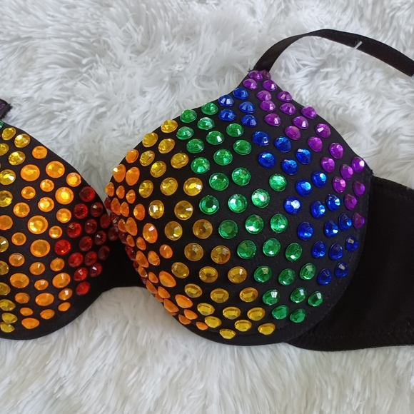 Gay Pride Rainbow Black Bra with Rhinestones - Picture 3 of 3